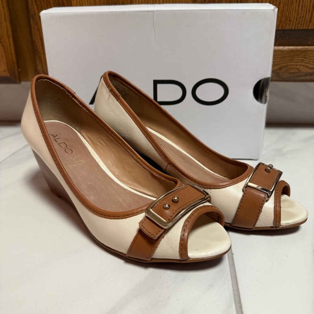 Aldo Cream And Tan Buckle Peep Toe Wedges - image 1